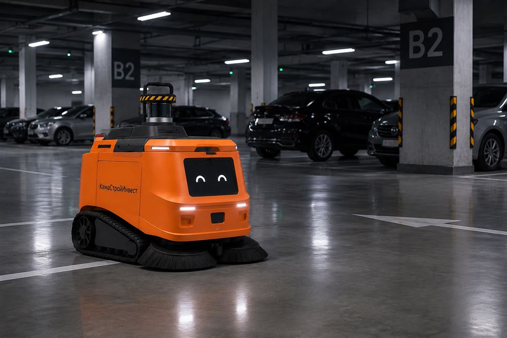 Оранжевый робот RoboCleaner на подземной парковке